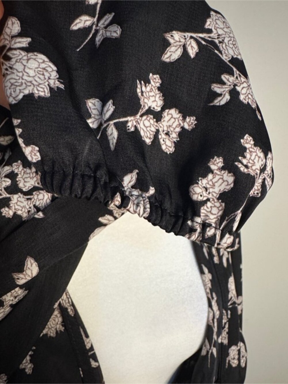 Black Floral Tie-Front Blouse with Ivory Print - Picture 3 of 4